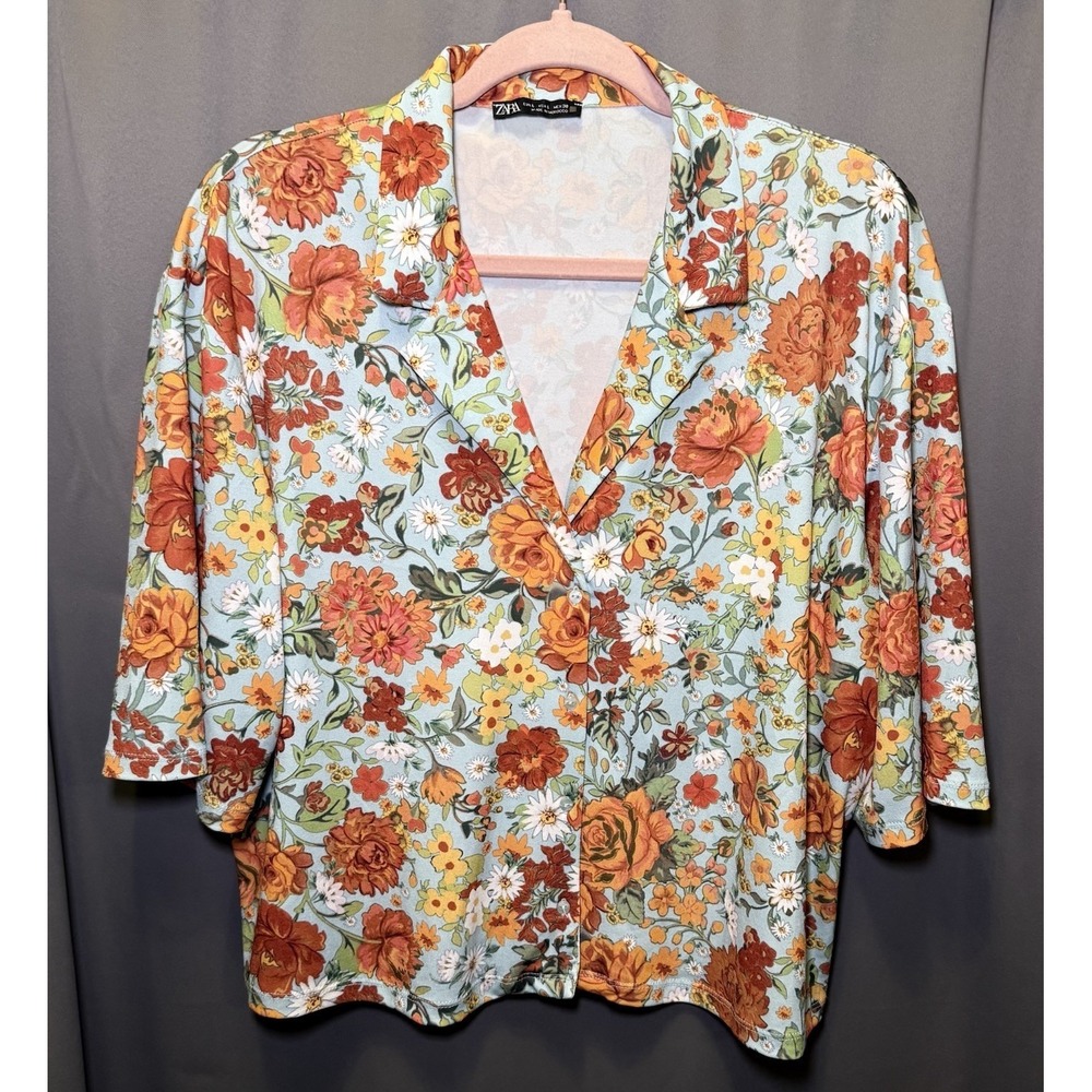 Zara Floral Short Sleeve Cropped Button Up Shirt Boho Retro Boxy Women's Sz L